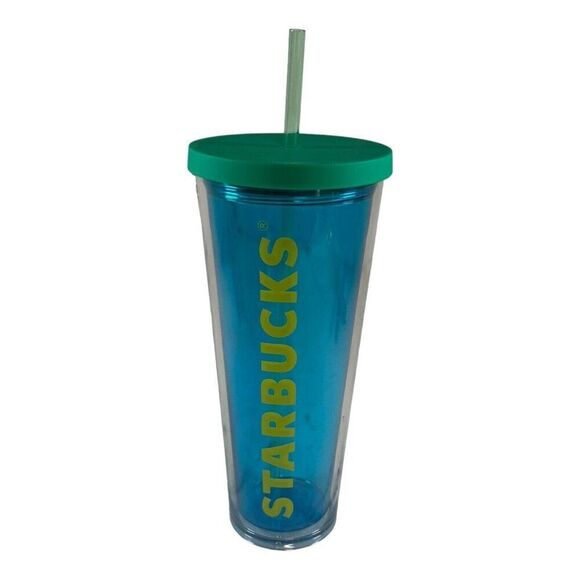 RARE 2014 Starbucks Clear Teal Blue And Yellow Summer Venti Cold Cup Tumbler - Picture 1 of 4